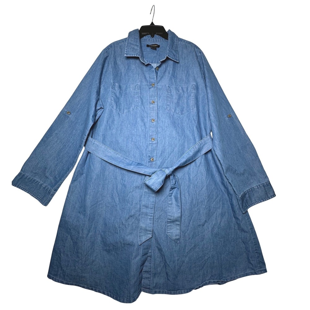 Robert‎ Louis Chambray Shirt Dress XL Blue Button Front Belted Roll Tab - Picture 2 of 5